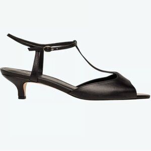 DOEN Maisie Leather Black T-Strap Kitten Heel Sandals / NEW in box